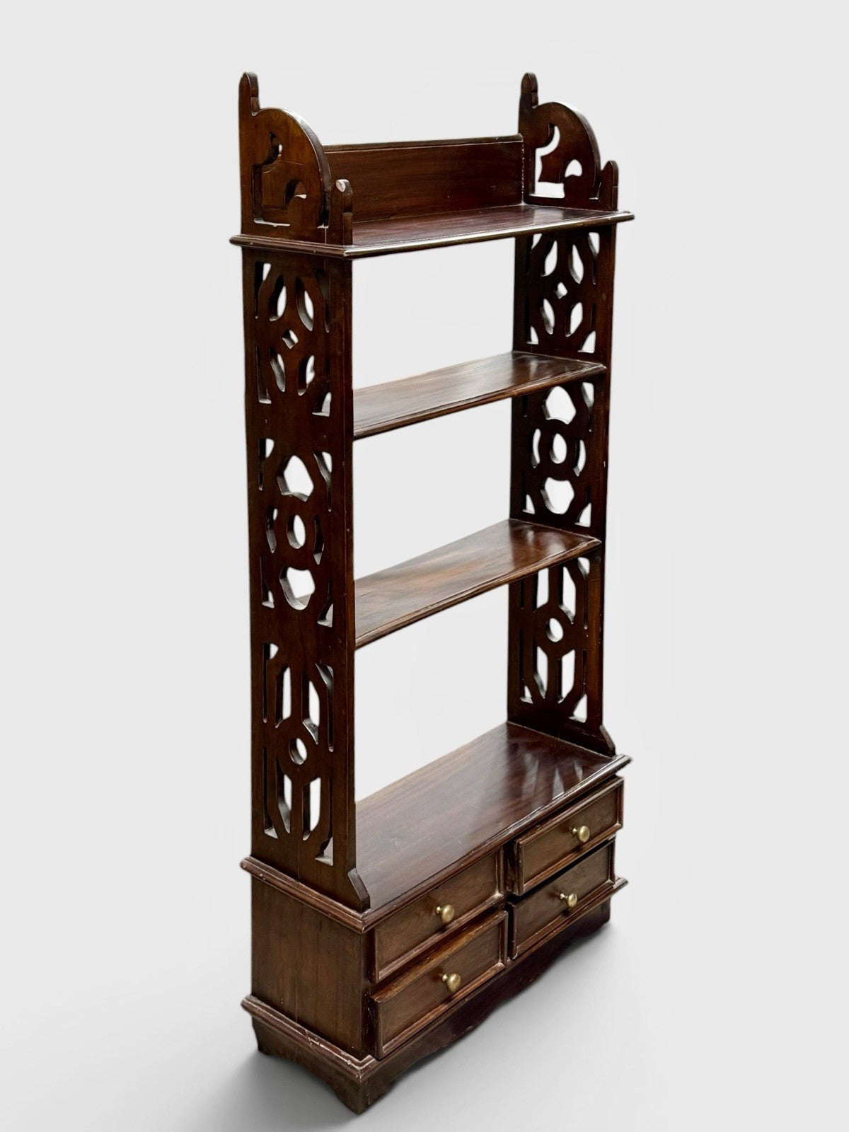 Vintage Regency Style Mahogany Bookcase 4 Tier 4 Drawer Fretted Panels