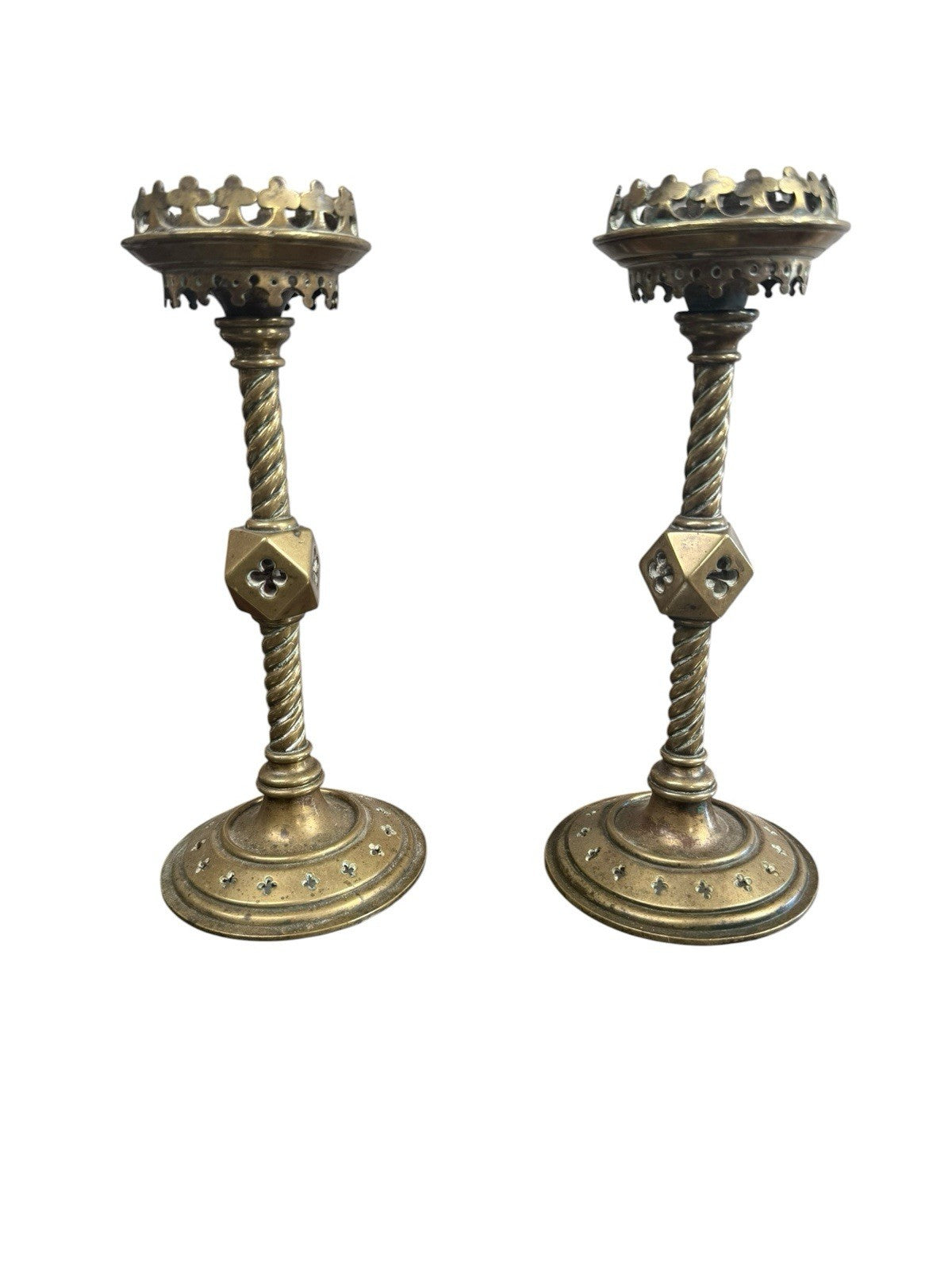 Pair Antique Victorian Brass Gothic Candlesticks Church