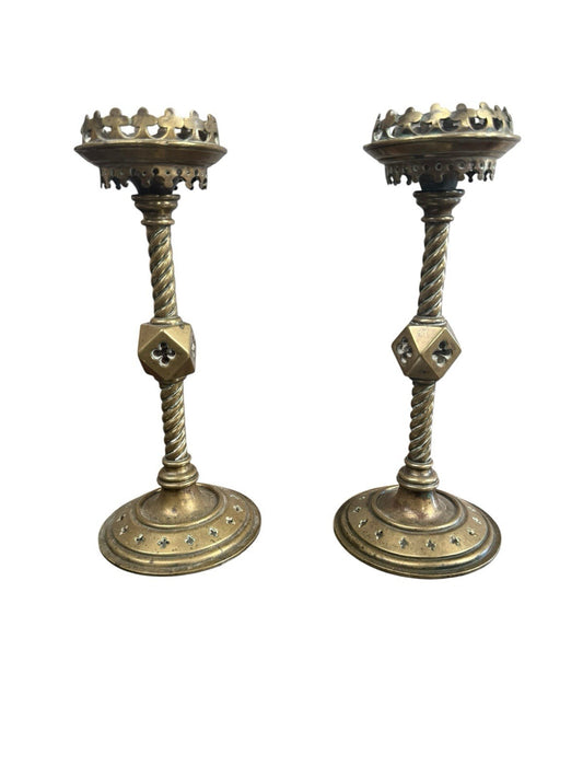 Pair Antique Victorian Brass Gothic Candlesticks Church