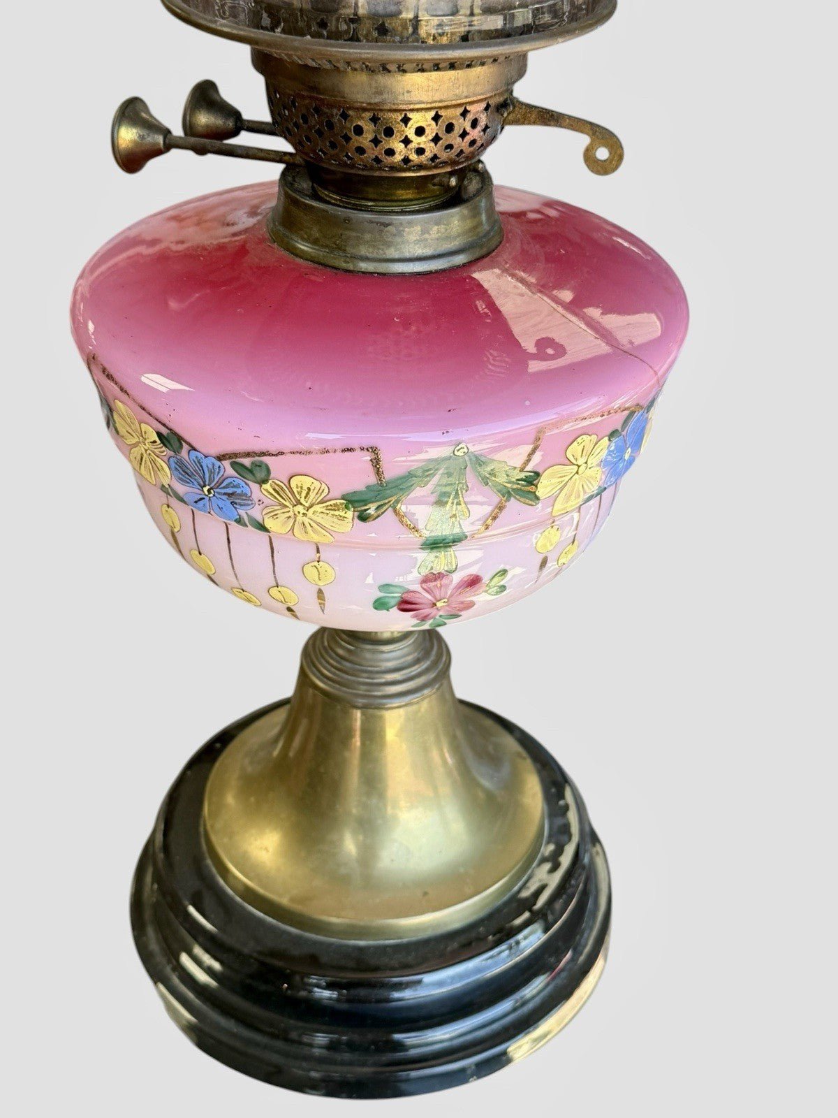 Antique Victorian Cranberry Glass Oil Lamp Hand Painted Font Shade 