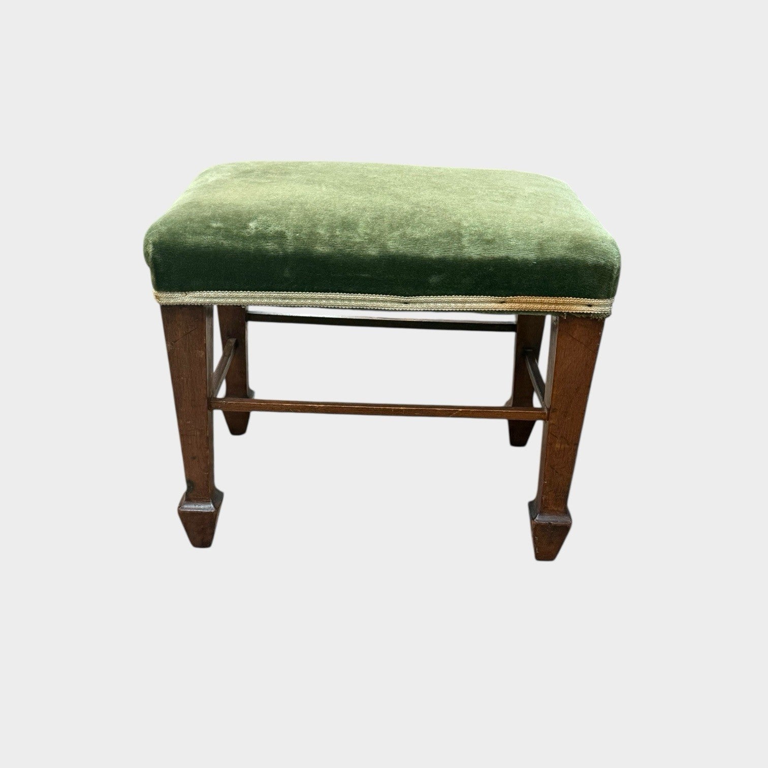 Antique Oak Upholstered Joint Stool Footstool Green Fabric Seat