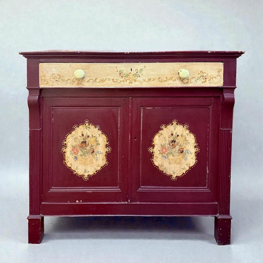 Antique French Hand Painted Sideboard Vintage Cabinet Floral Decorated Cupboard