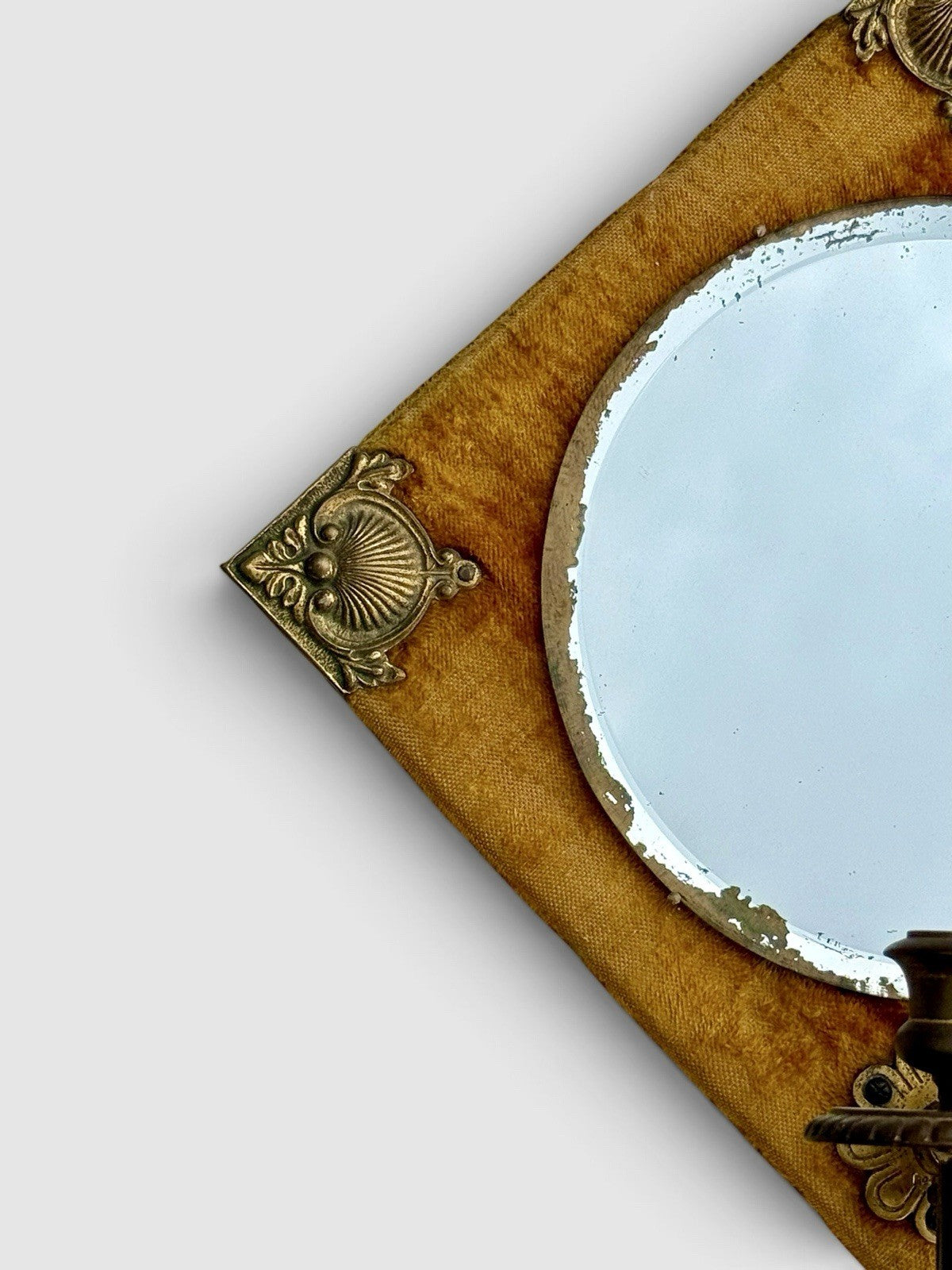 Antique Edwardian Arts & Crafts Velvet Wall Mirror Brass Mounts c.1900