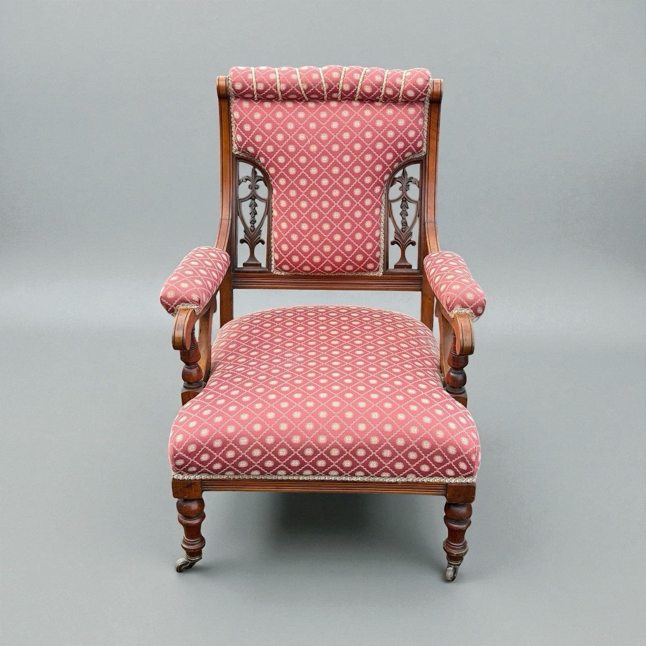 Antique Victorian 19th Century Carved Armchair Upholstered Lounge Chair