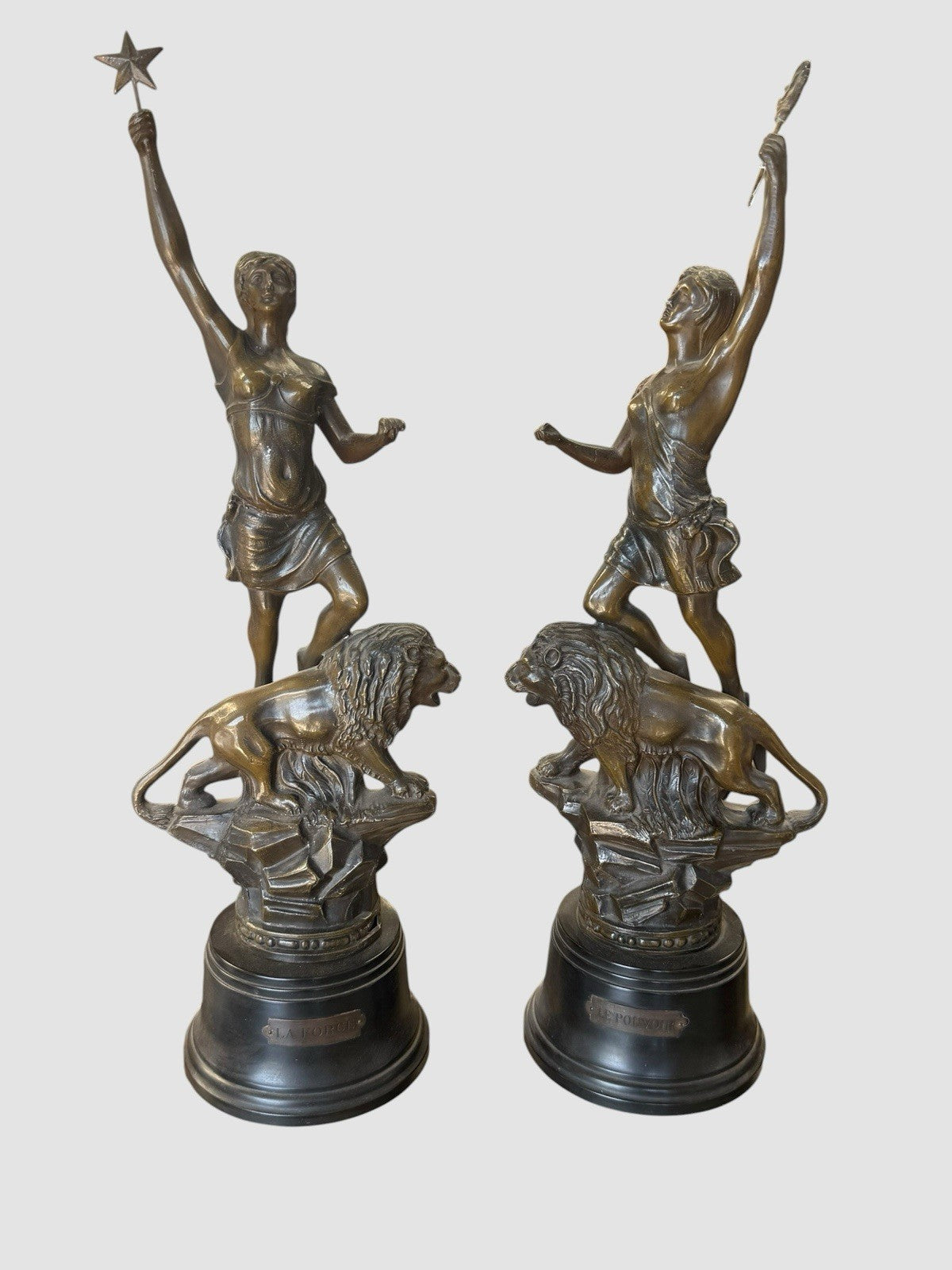 Pair Antique Cast Bronze Statues Figures Sculptures Ornate Patina Decorative