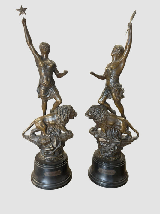 Pair Antique Cast Bronze Statues Figures Sculptures Ornate Patina Decorative