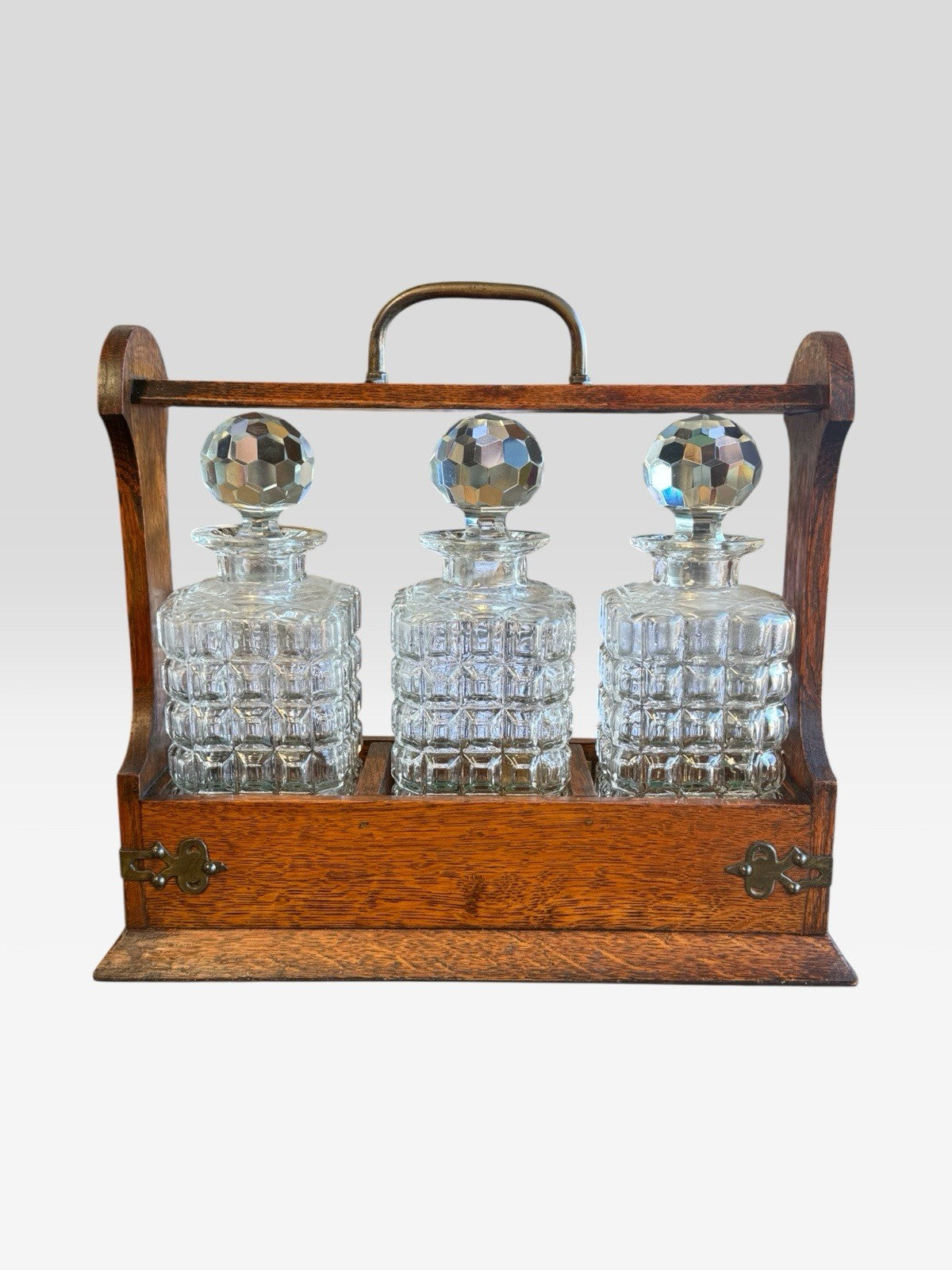 Antique Oak Tantalus Decanter Set Lockable Frame Vintage Whisky Liquor Stand