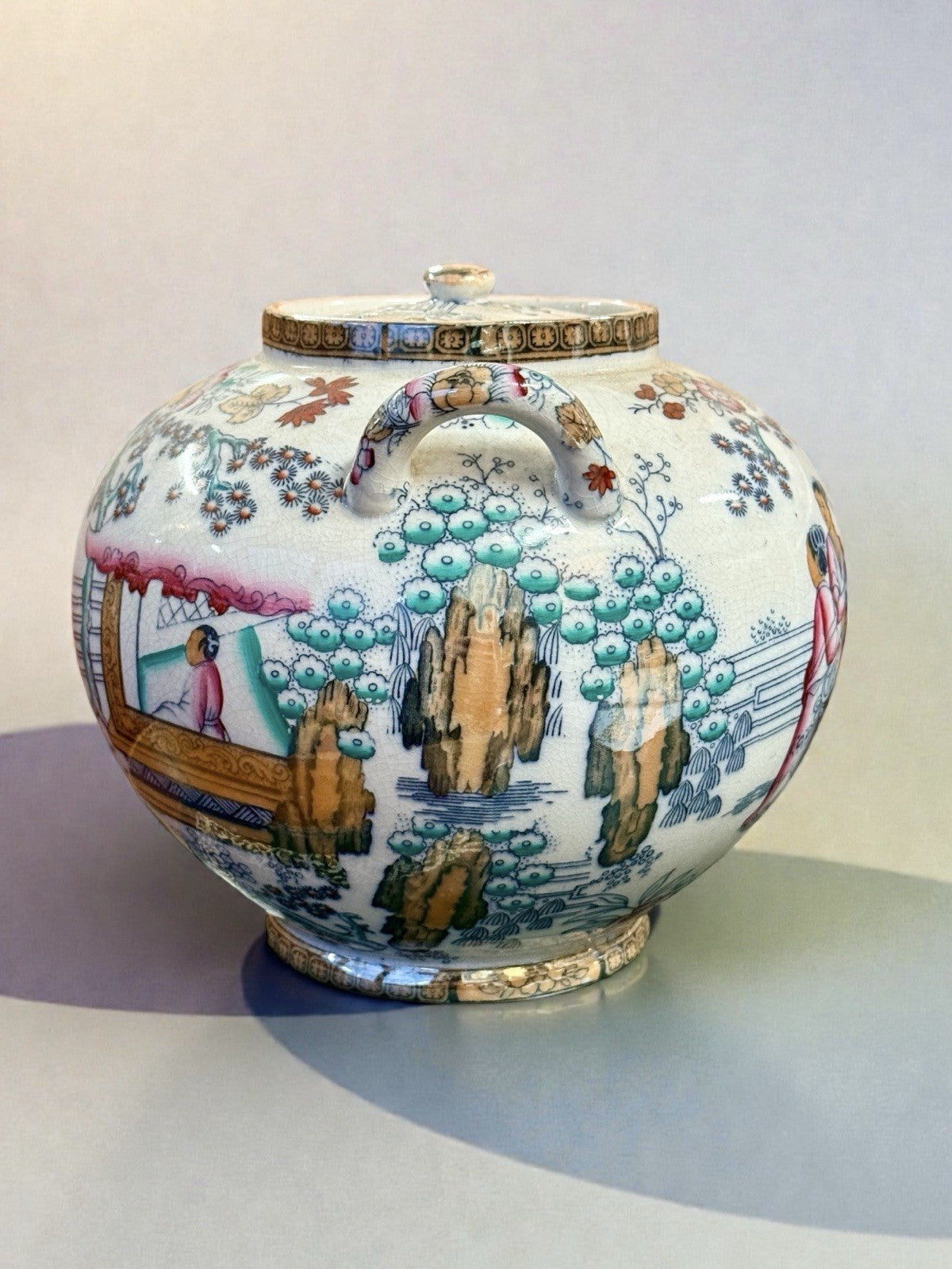 Staffordshire Pot Pourri Jar & Cover Hand Painted Oriental Scene Vintage