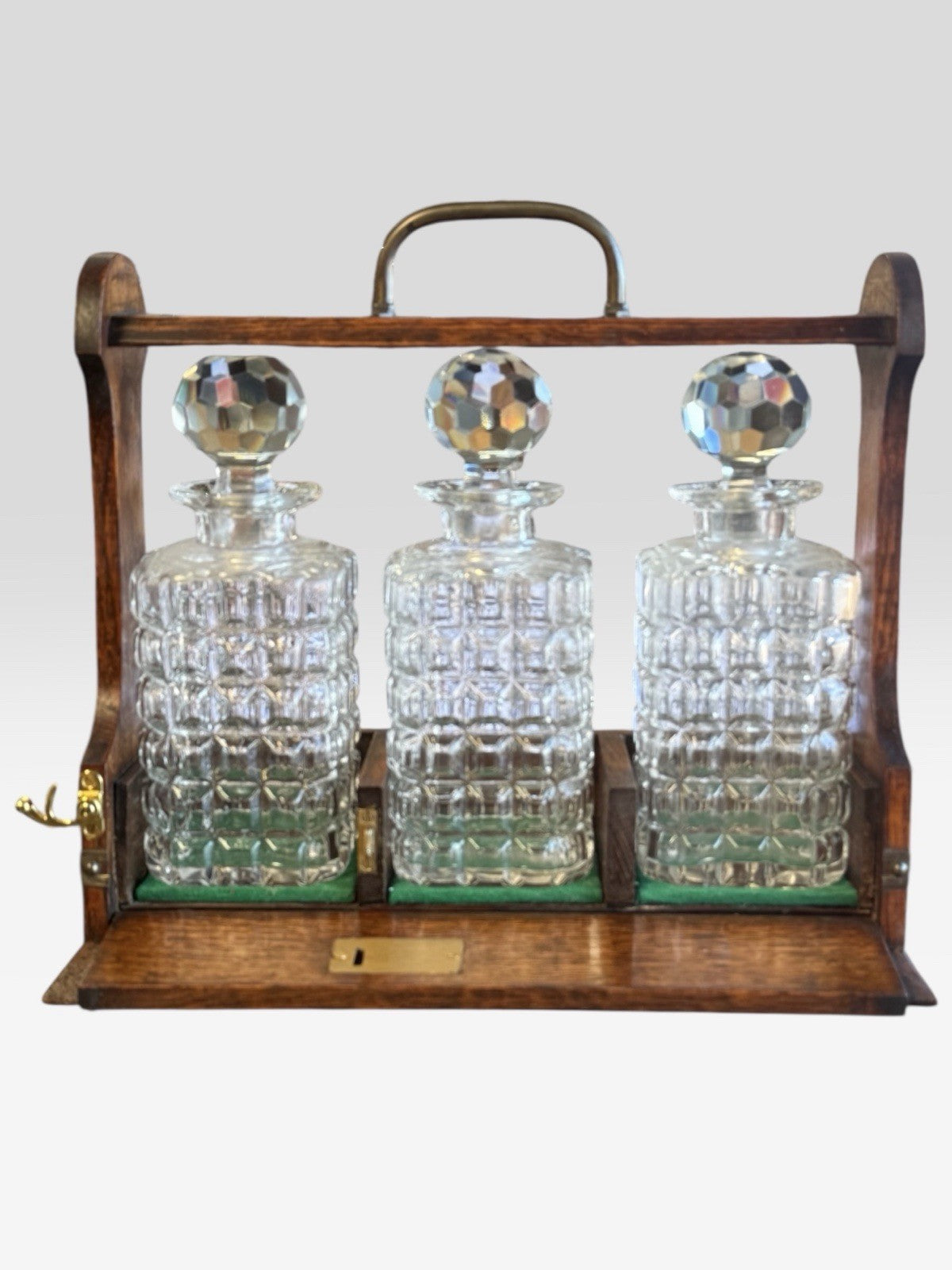 Antique Oak Tantalus Decanter Set Lockable Frame Vintage Whisky Liquor Stand