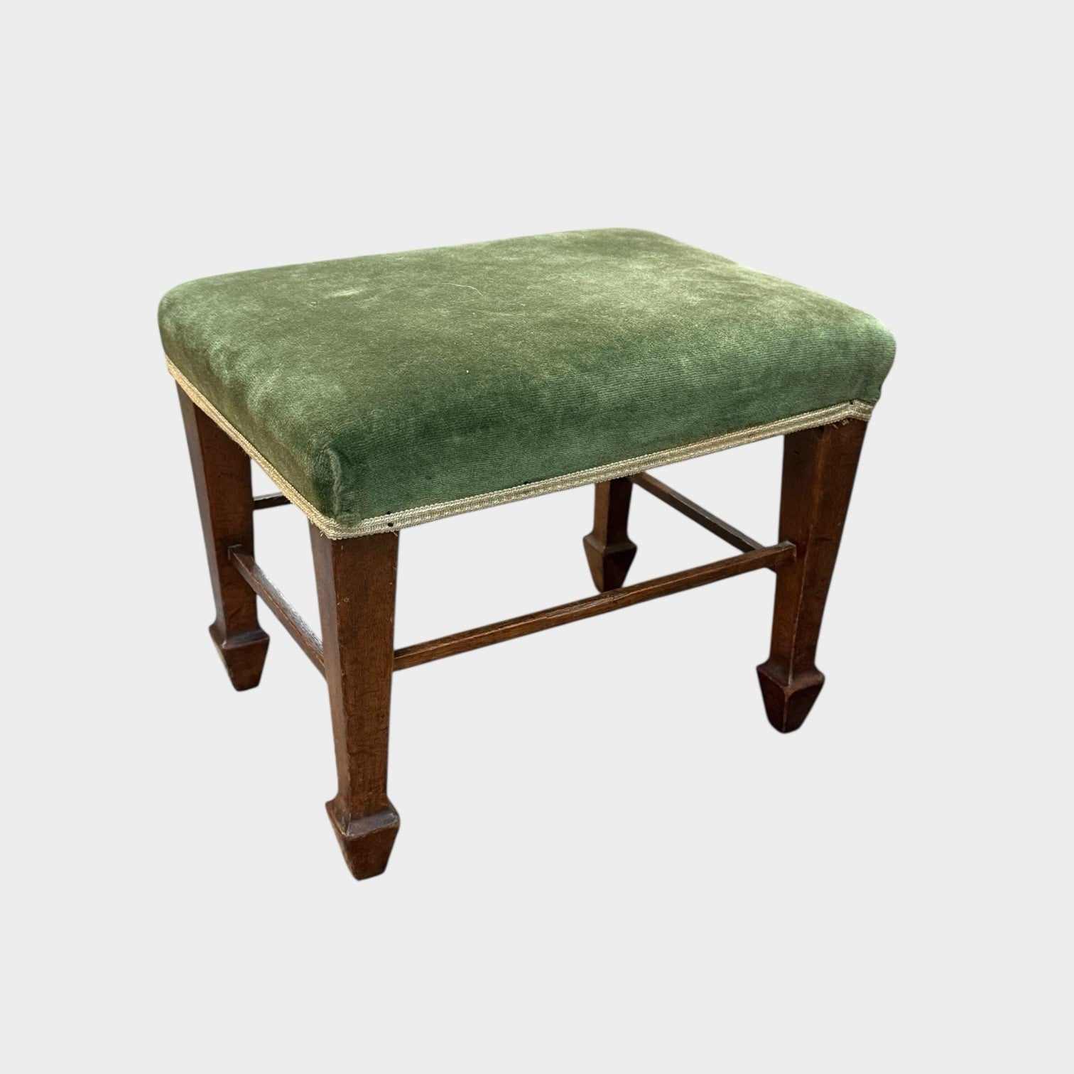 Antique Oak Upholstered Joint Stool Footstool Green Fabric Seat