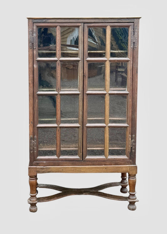 Antique 19th Century Oak Display Cabinet Bookcase Glazed Doors Shelving