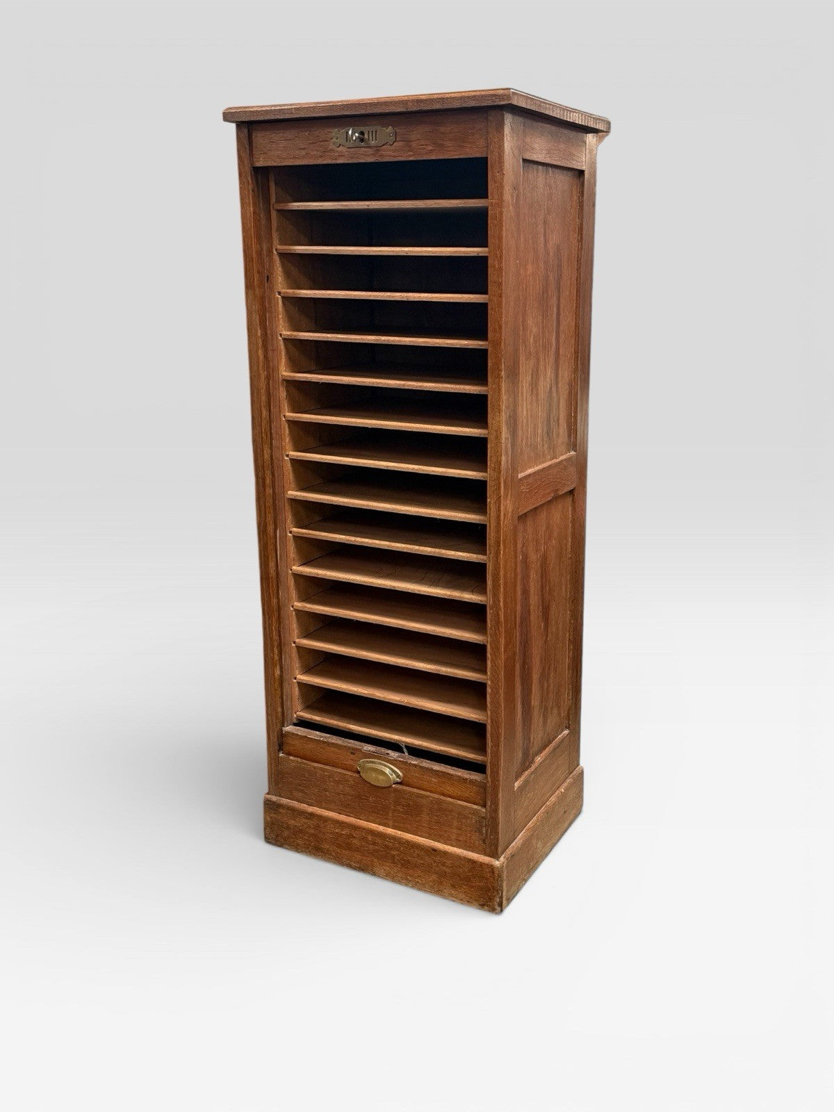 Vintage Oak Tambour Filing Cabinet Roll Top Office Storage
