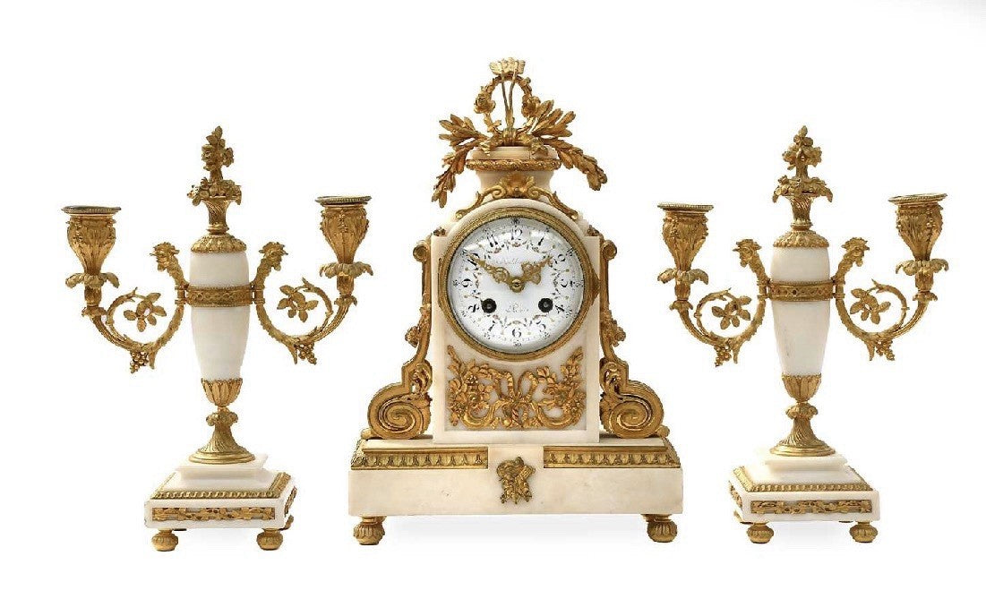 19th Century Antique French Gilt Bronze & Marble Mantel Clock Garniture c1890