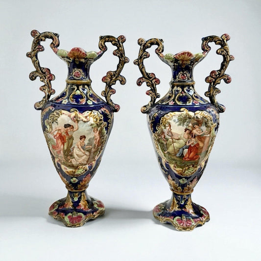 Pair of Antique Rococo Style Hand Painted Porcelain Urns with Figural Scene