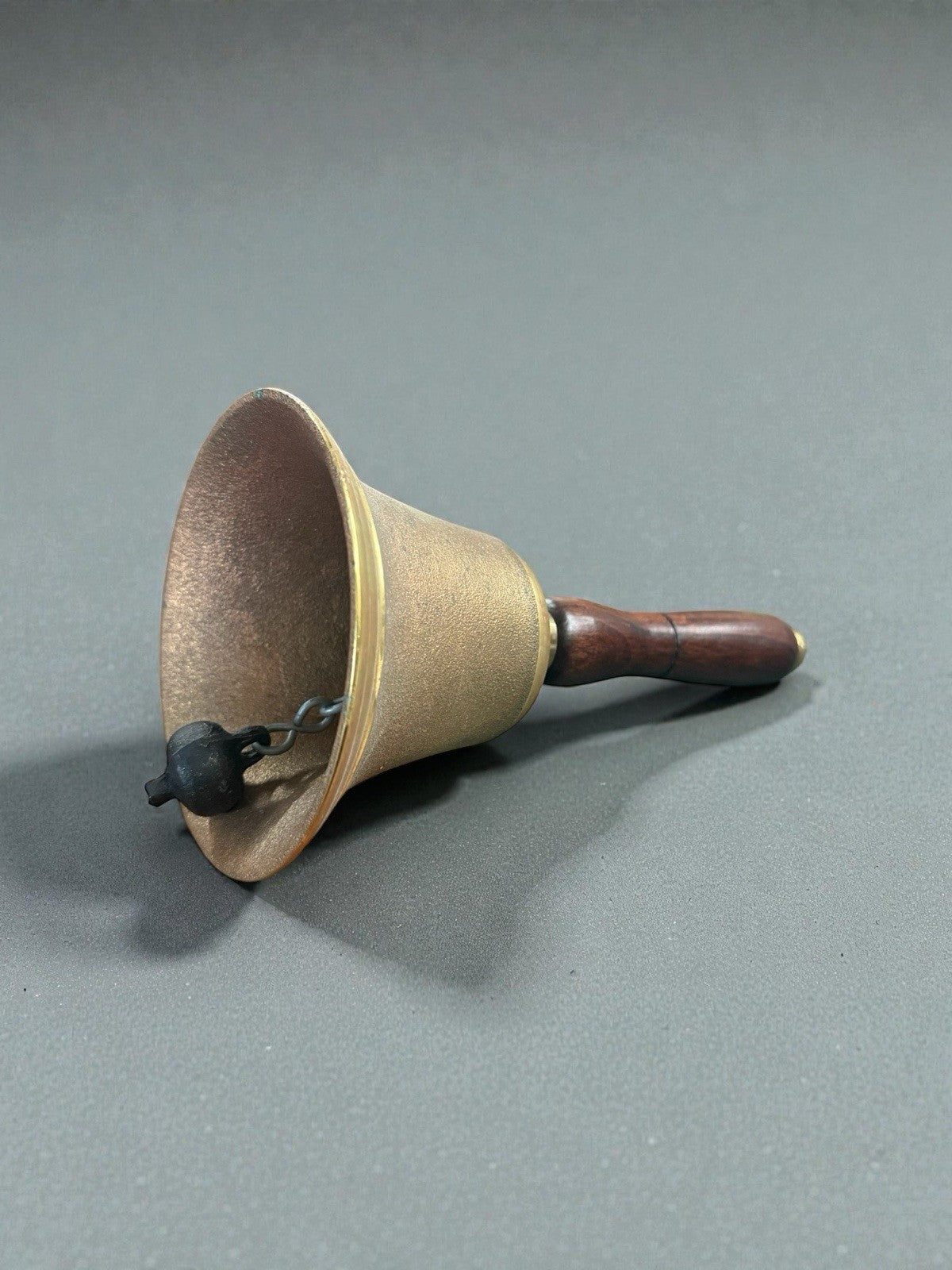Vintage Brass Turned Wood Hand Held Bell Heavy School Teacher Height 9 Inches