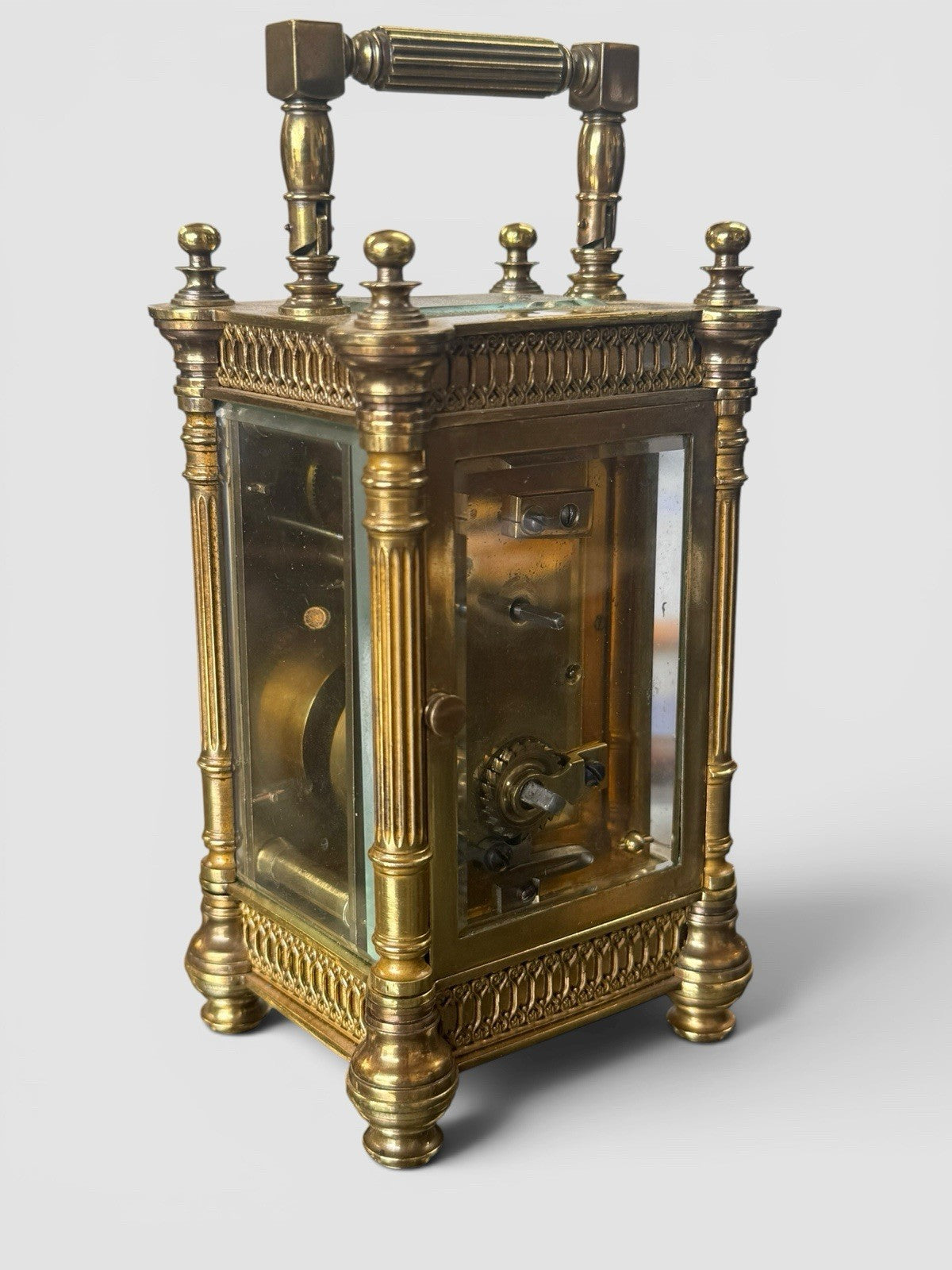 Antique French Gothic Revival Carriage Clock Brass Case Working Timepiece