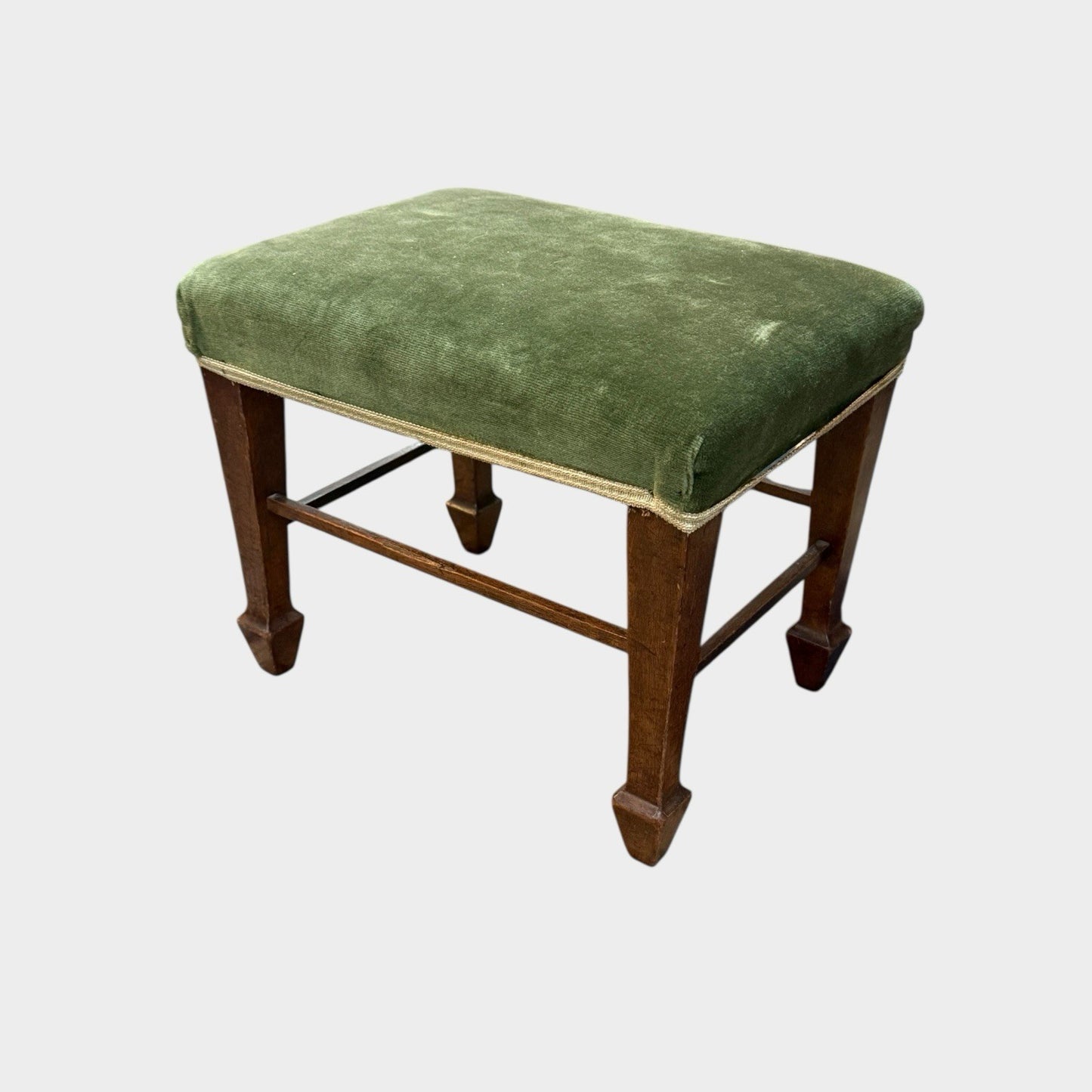 Antique Oak Upholstered Joint Stool Footstool Green Fabric Seat