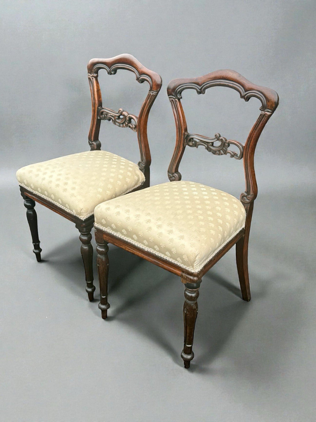 Pair Victorian Walnut Balloon Back Chairs Upholstered Antique Dining