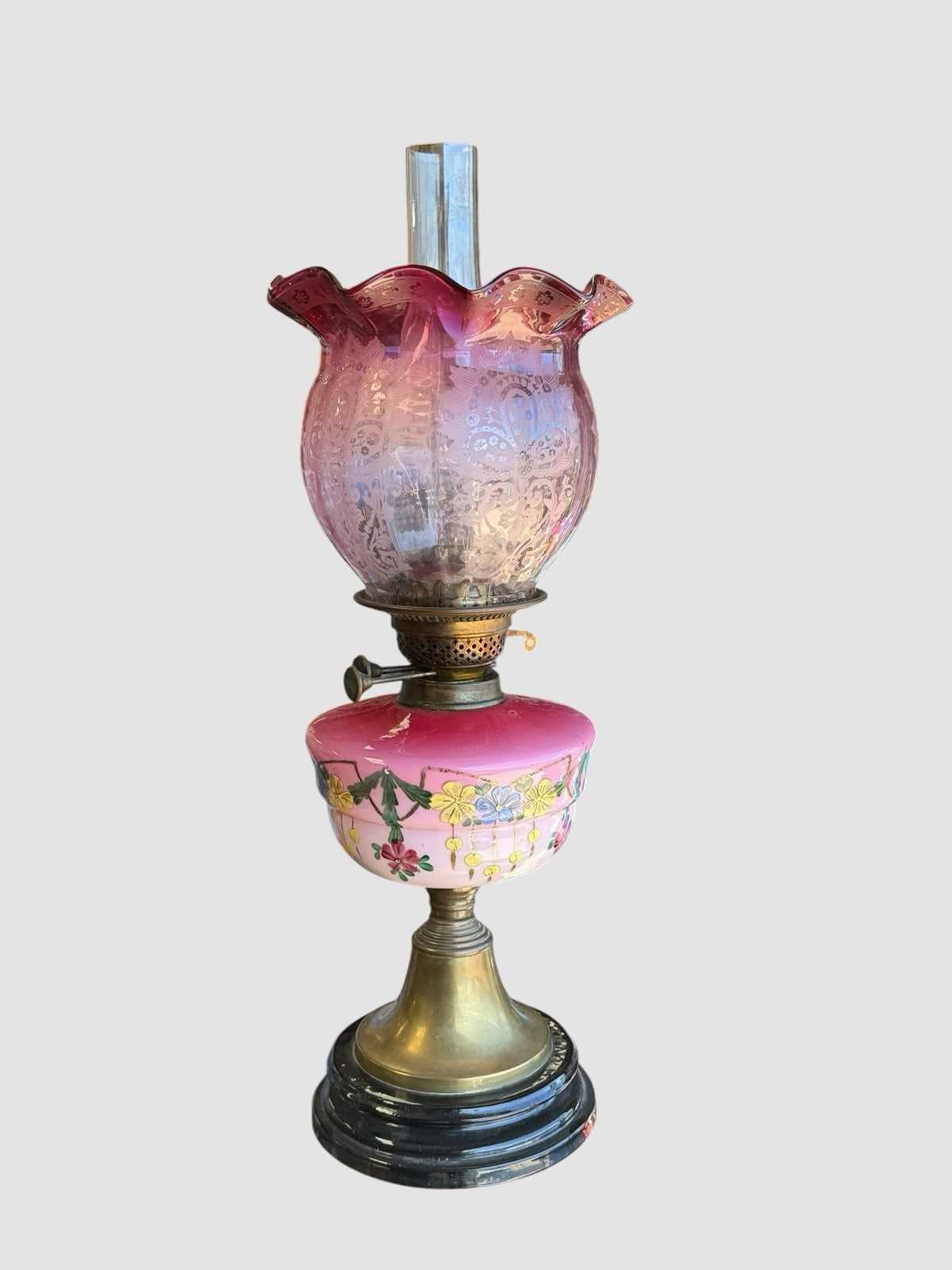 Antique Victorian Cranberry Glass Oil Lamp Hand Painted Font Shade 