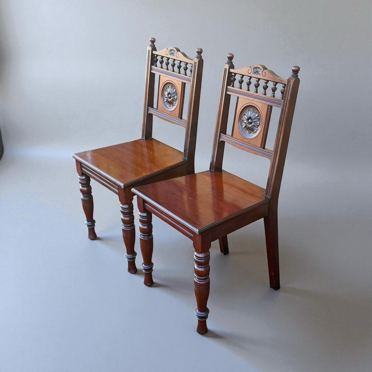 Pair Antique Victorian Mahogany Hall Chairs 19th Century Carved Wood Seating