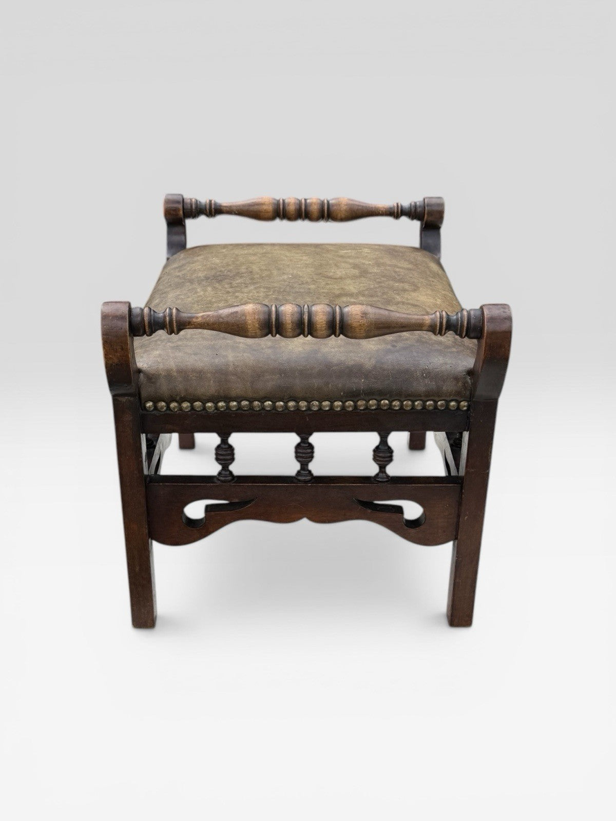 Antique Victorian Oak Stool Leather Upholstered Seat Vintage Footstool