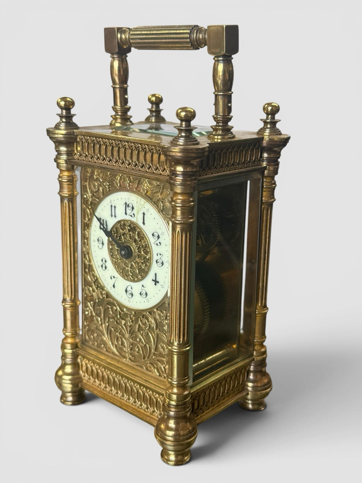 Antique French Gothic Revival Carriage Clock Brass Case Working Timepiece