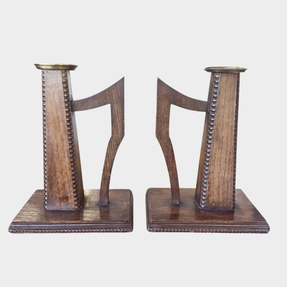Pair Antique Arts and Crafts Wooden Candlesticks Candle Holders