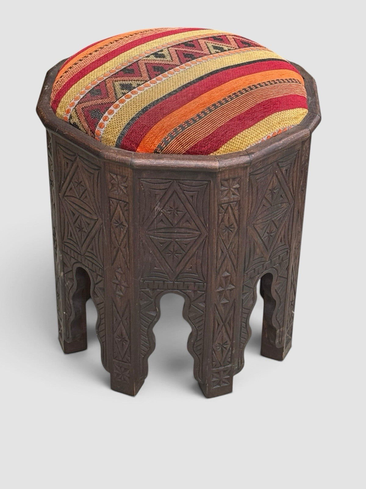 Vintage Moroccan Carved Wooden Stool Footstool Berber Kilim Seat