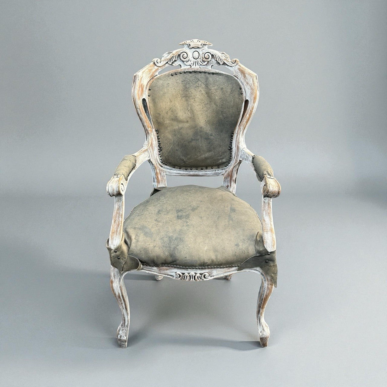 Vintage French Style Carved Armchair Shabby Chic Distressed Upholstered Chair