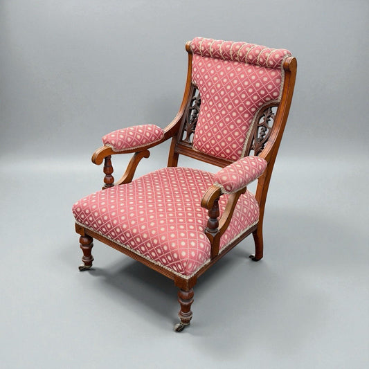 Antique Victorian 19th Century Carved Armchair Upholstered Lounge Chair