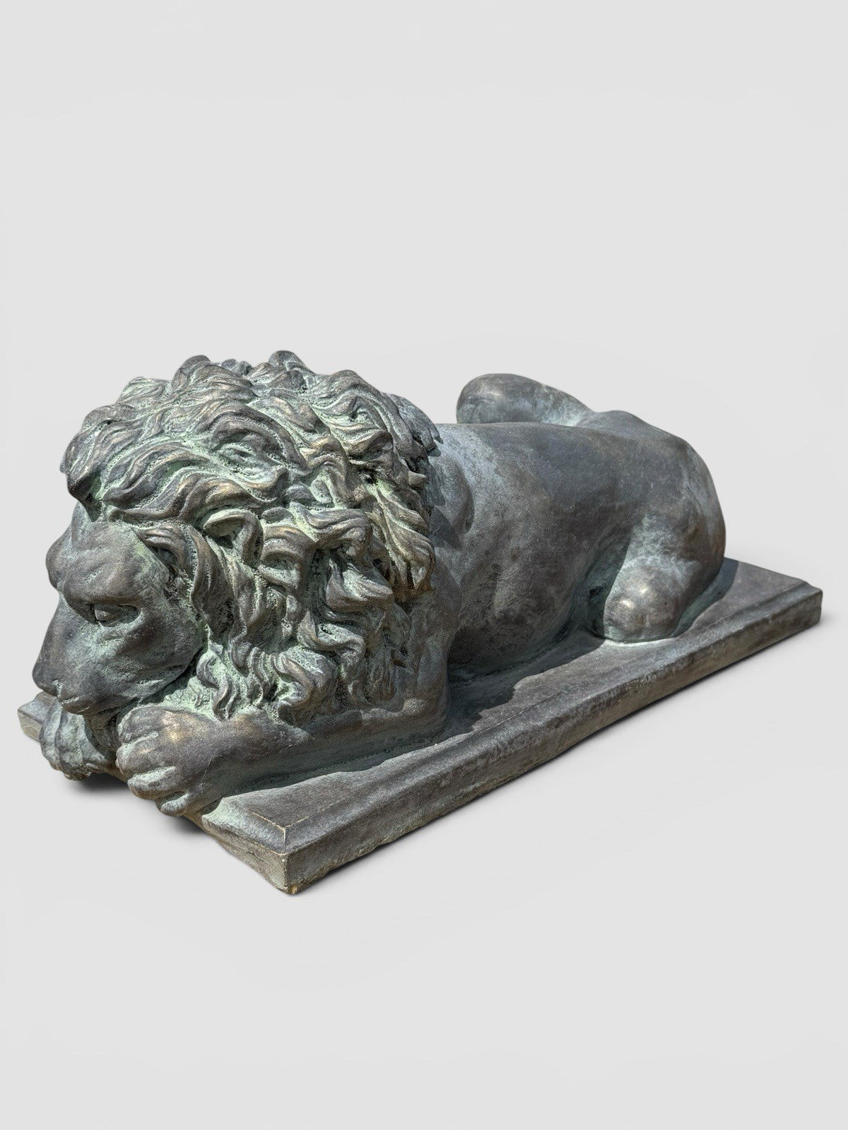 Pair Early 20thC Bronzed Plaster Recumbent Lions After Antonio Canova Statues