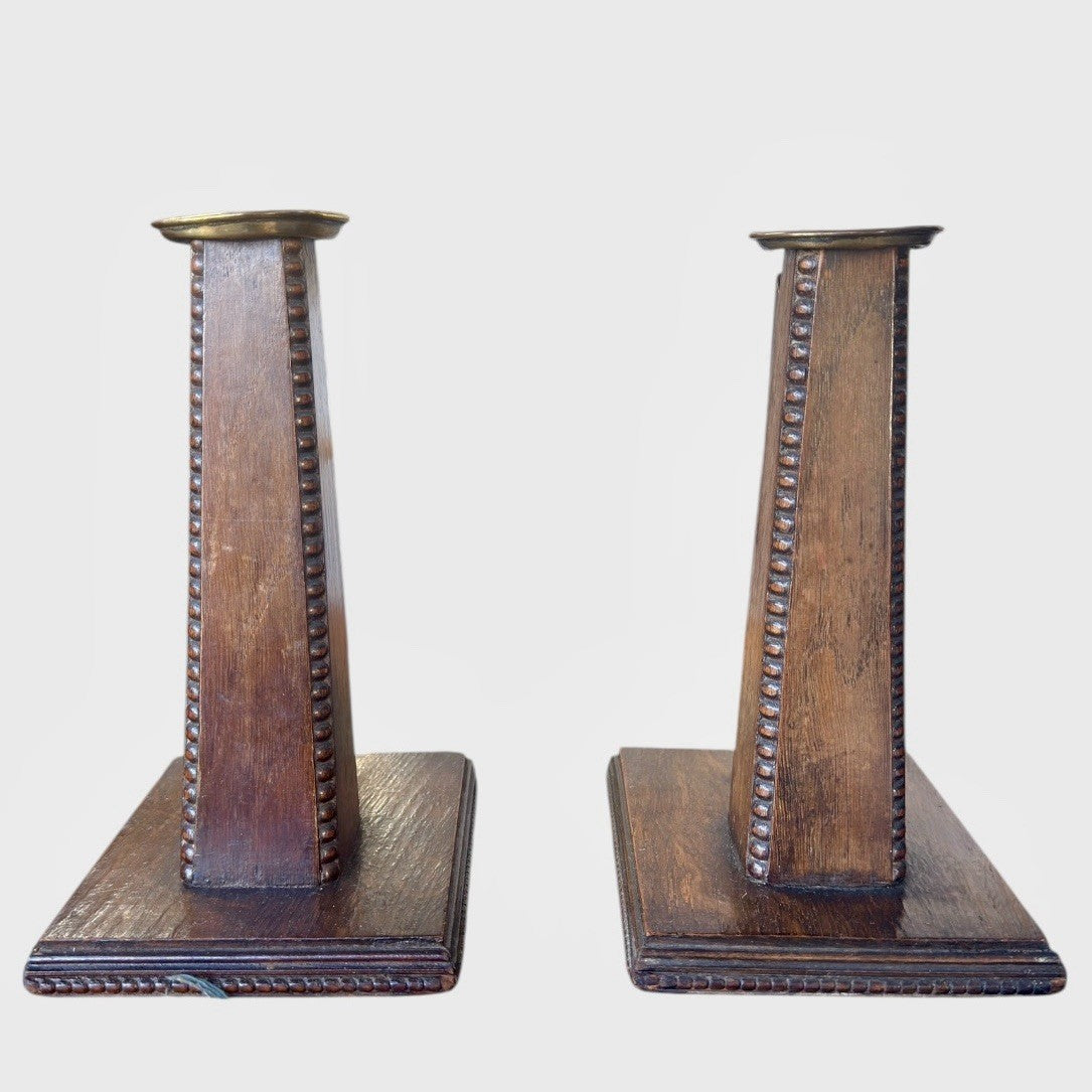 Pair Antique Arts and Crafts Wooden Candlesticks Candle Holders