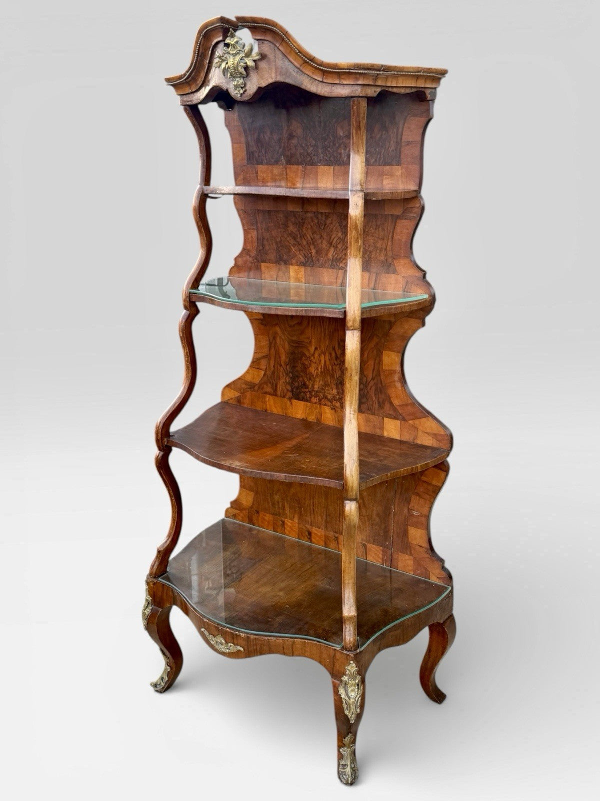 Antique 19th Century Walnut & Gilt Metal Serpentine Whatnot