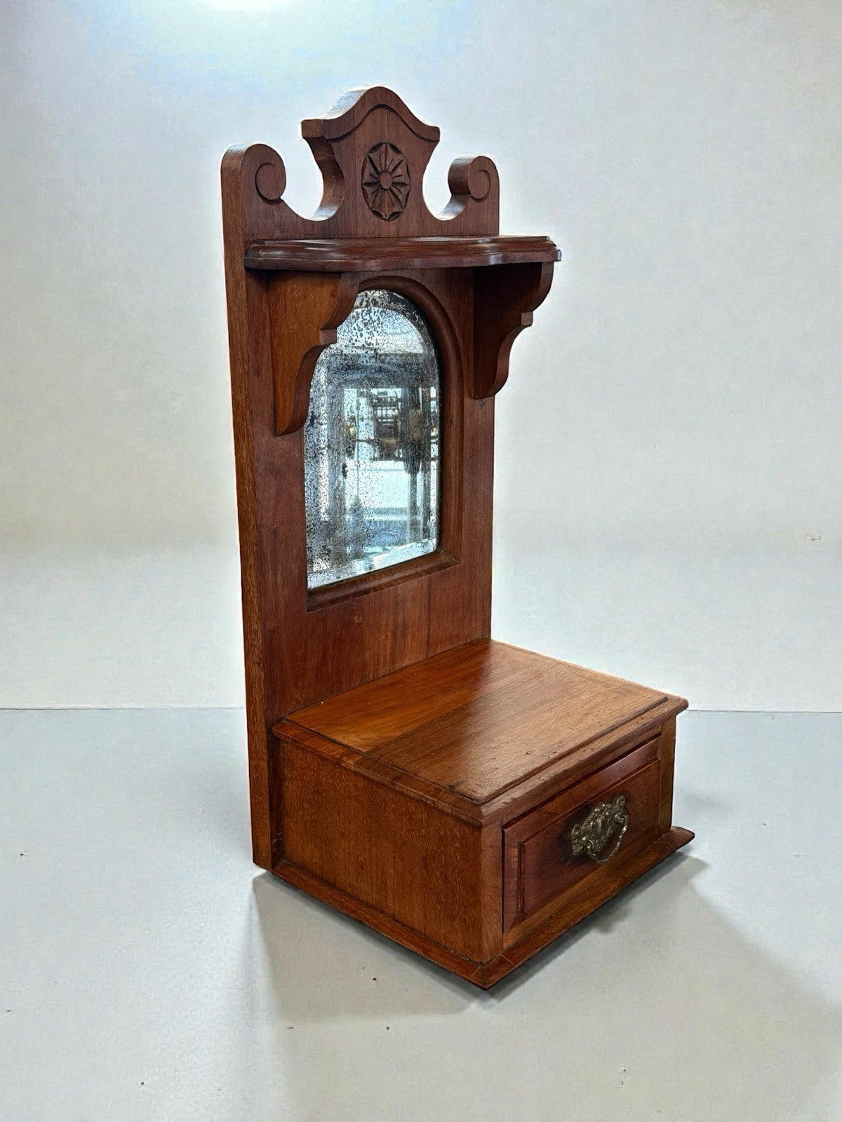 Vintage Wooden Wall Cabinet with Mirror & Drawer – Ornate Carved Detail Antique