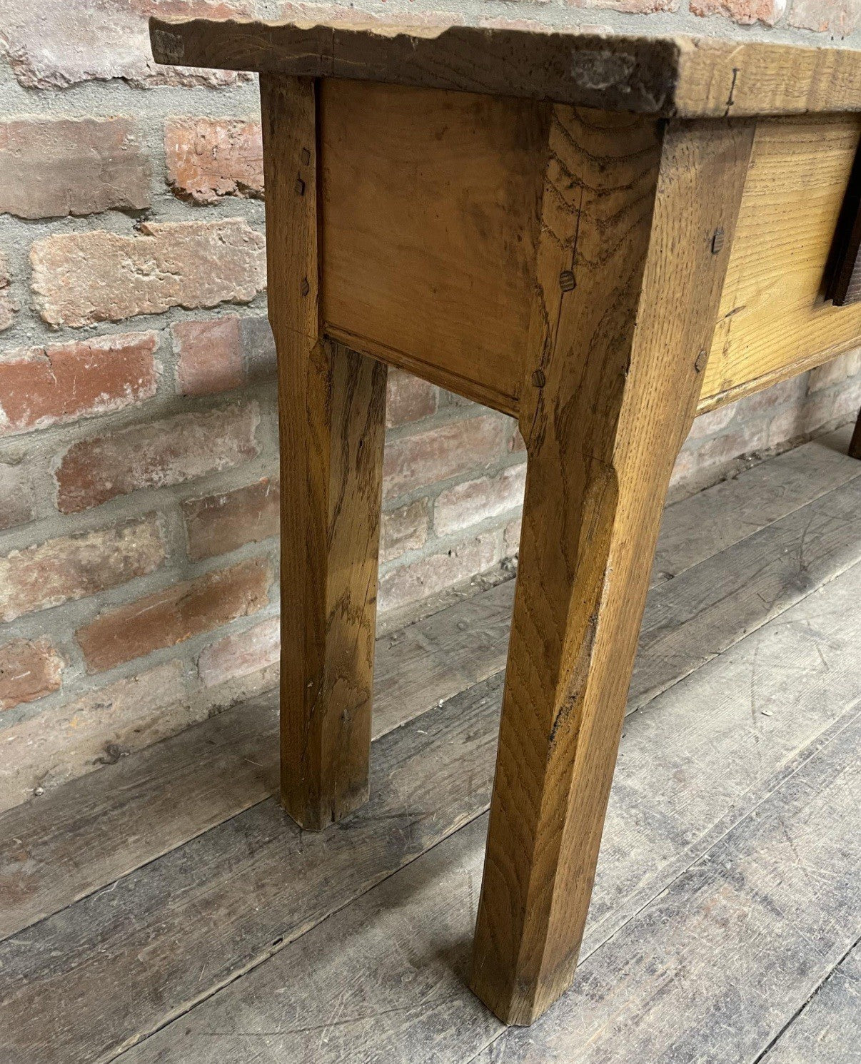 Antique Rustic Oak Console Table With Drawers Vintage Farmhouse Country Kitchen