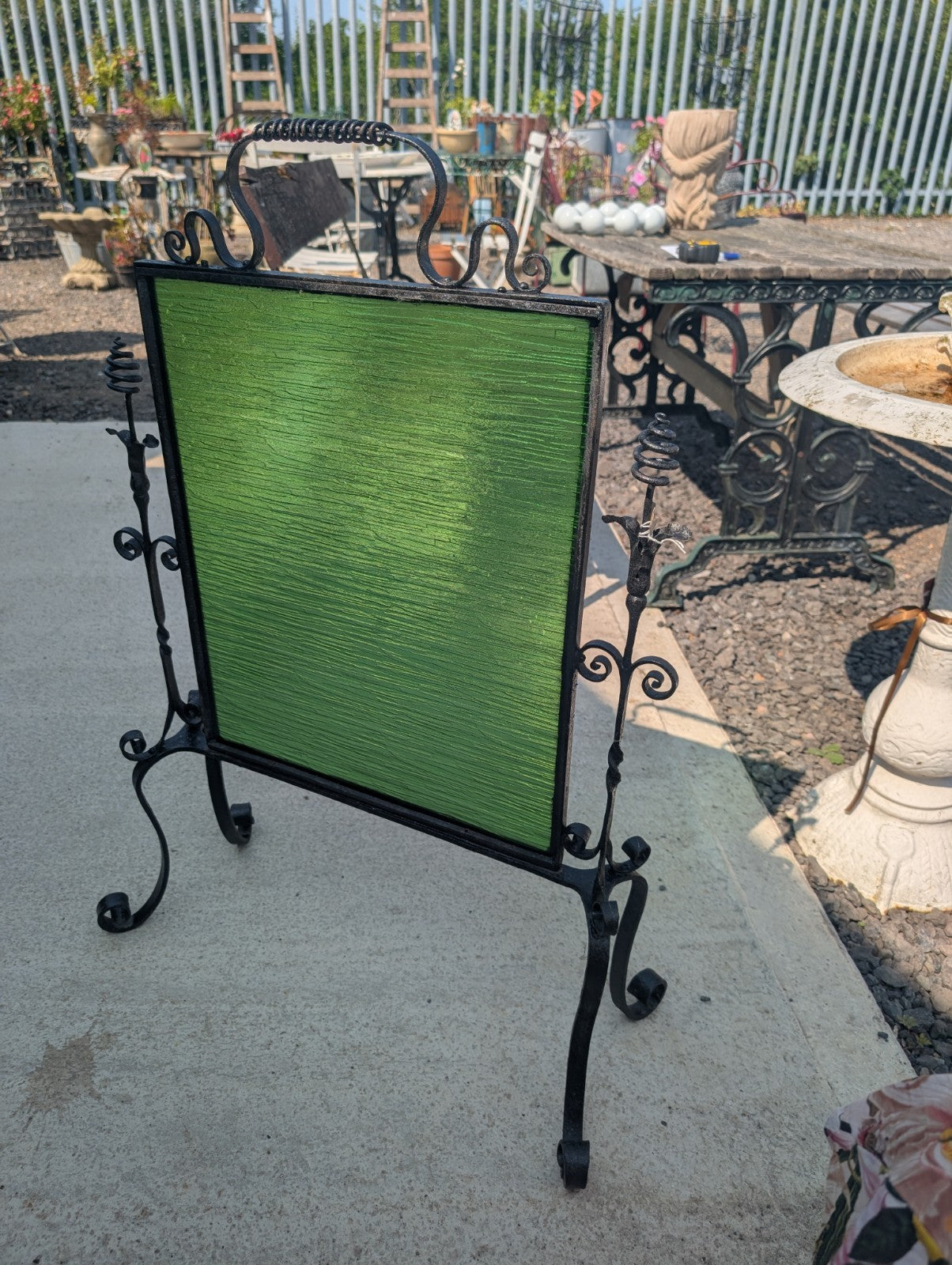 Arts and Crafts Green Glass In Wrought Iron Fire Screen