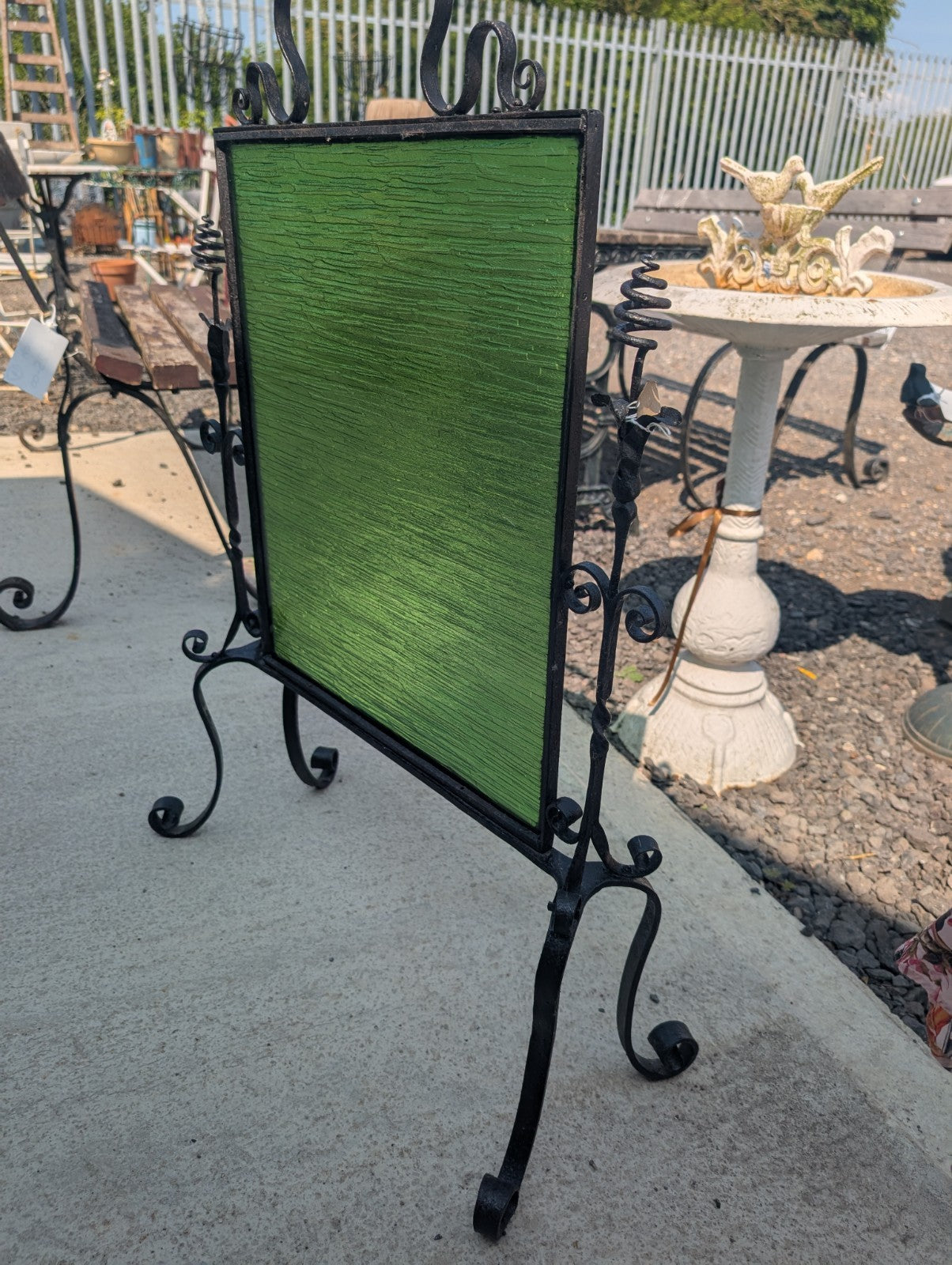 Arts and Crafts Green Glass In Wrought Iron Fire Screen