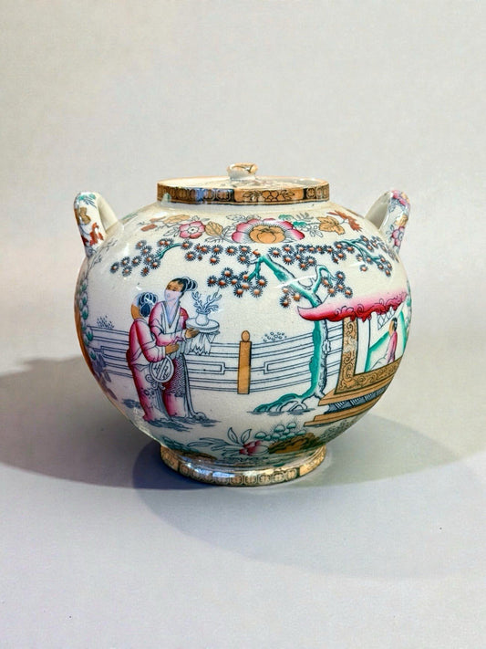 Staffordshire Pot Pourri Jar & Cover Hand Painted Oriental Scene Vintage