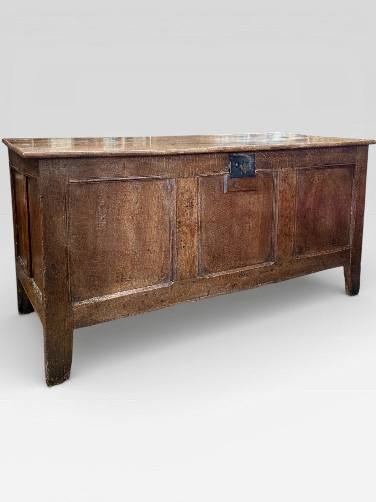 Antique 18th Century Oak Three Panel Coffer Chest Trunk