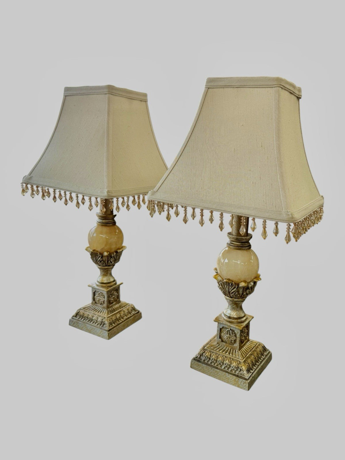 Vintage Neoclassical Table Lamps Pair Ornate Gold Effect with Shades