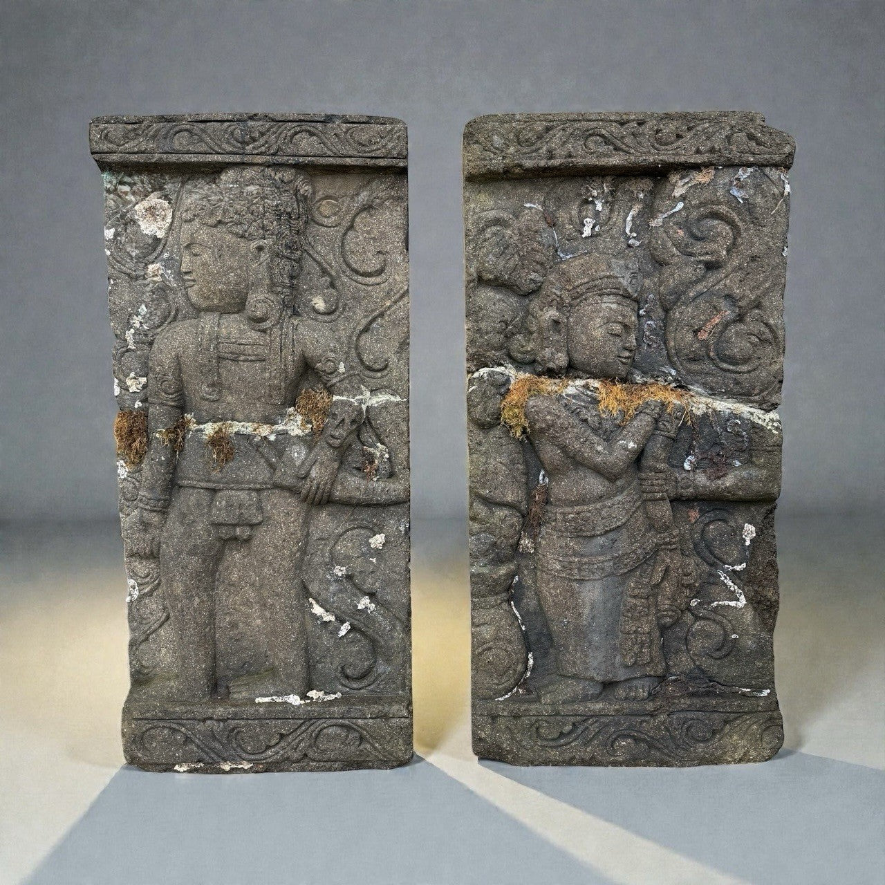 Pair Of Large Carved Stone Relief Panels AsianTemple Style Architectural Garden 