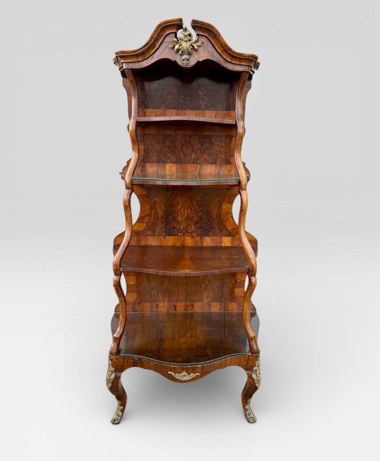 Antique 19th Century Walnut & Gilt Metal Serpentine Whatnot