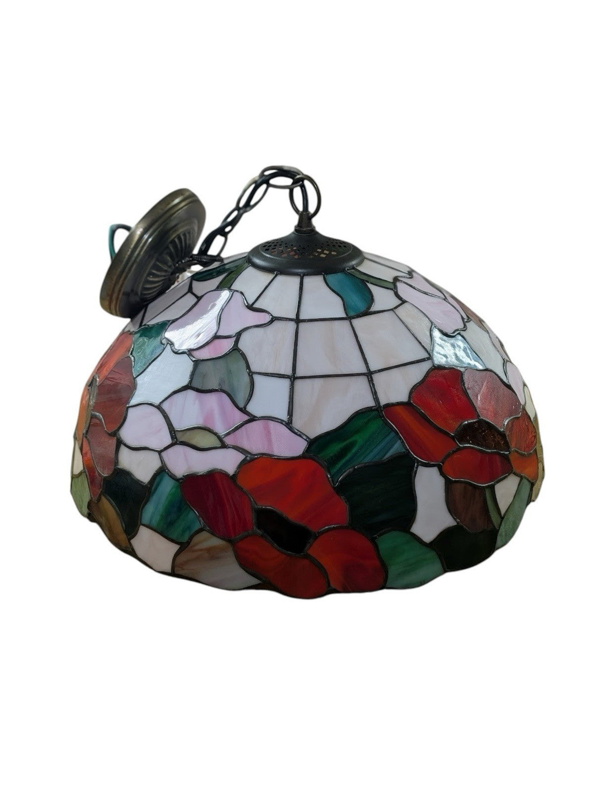 Pair Tiffany Style Glass Ceiling Pendants Vintage Stained Glass Lights