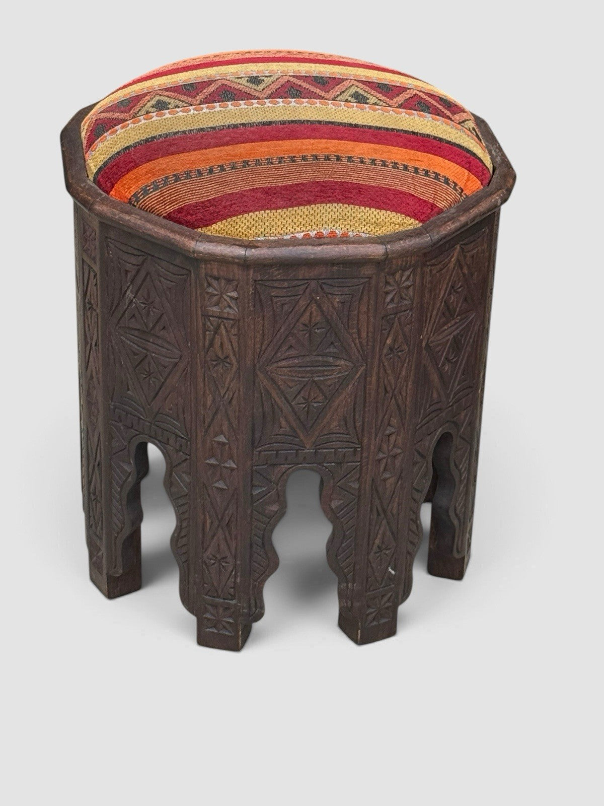 Vintage Moroccan Carved Wooden Stool Footstool Berber Kilim Seat