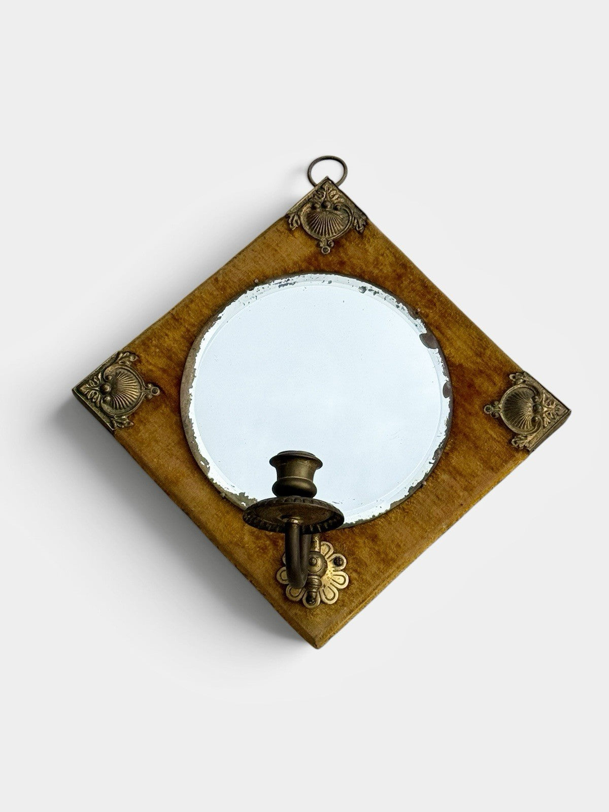 Antique Edwardian Arts & Crafts Velvet Wall Mirror Brass Mounts c.1900