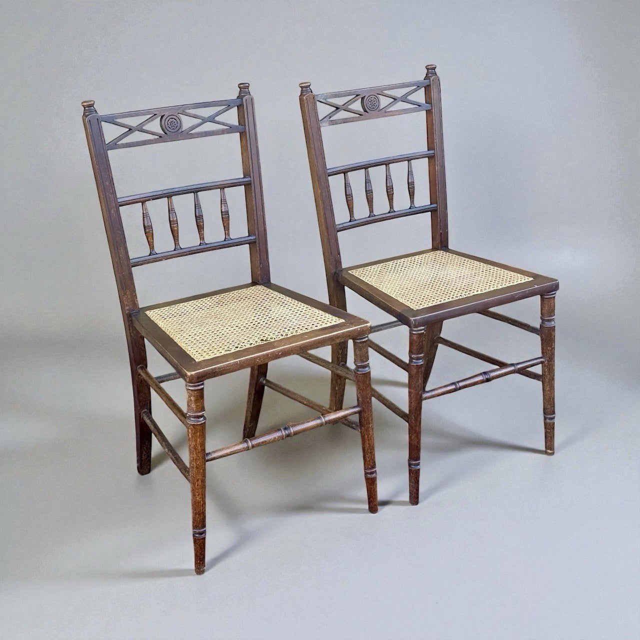 Pair Antique Victorian Cane Seat Chairs Spindle Back Farmhouse Wooden Dining