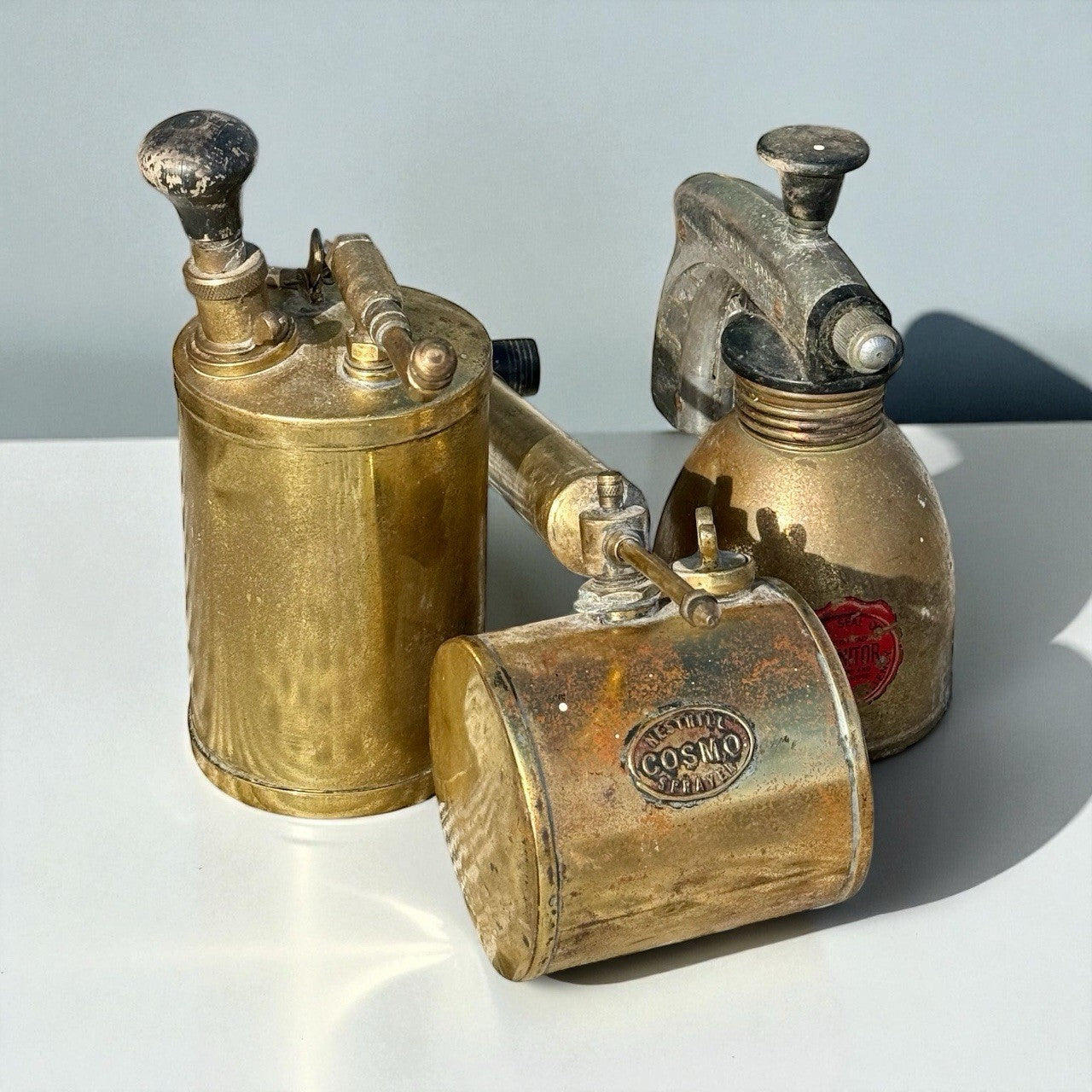 3 Vintage Brass Garden Sprayers, Nesthill Monitor 