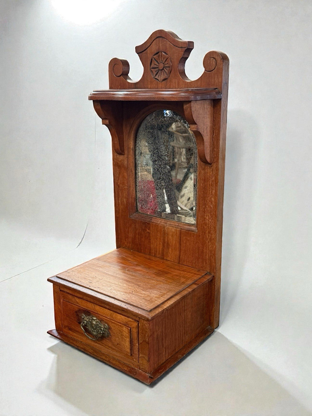 Vintage Wooden Wall Cabinet with Mirror & Drawer – Ornate Carved Detail Antique