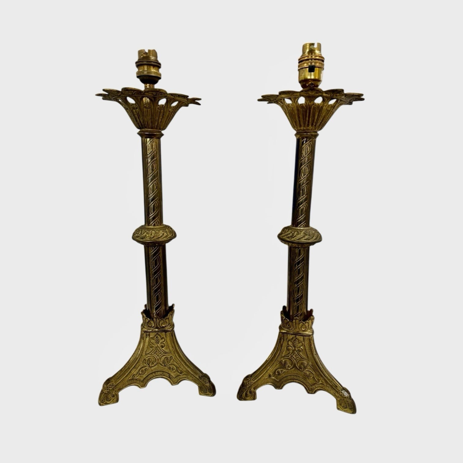 Pair of Vintage Column Table Lamps Classic Brass Style Bedside Lights