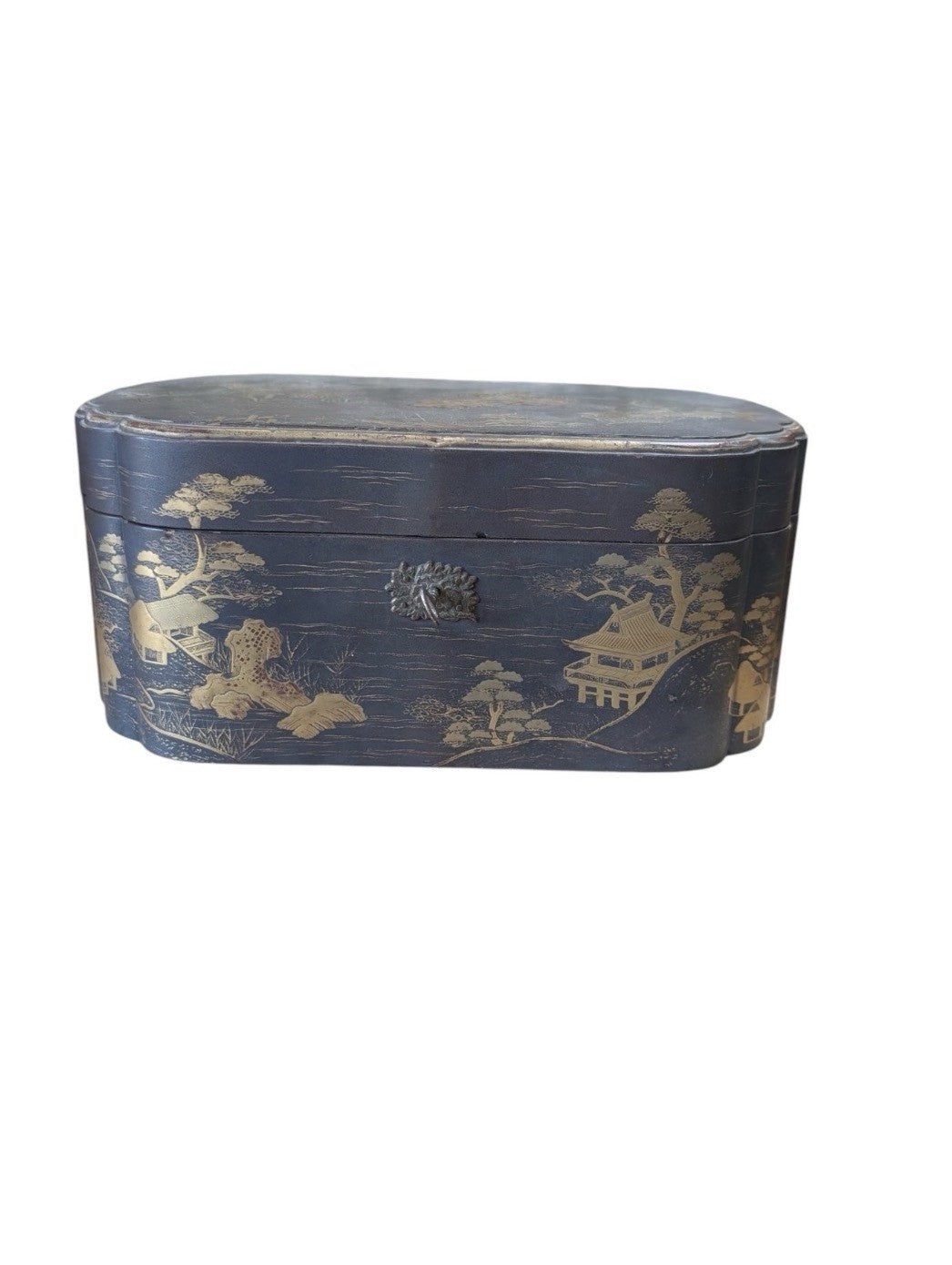 Antique Victorian Chinoiserie Cartouche Box Oriental Decor Velvet Lined
